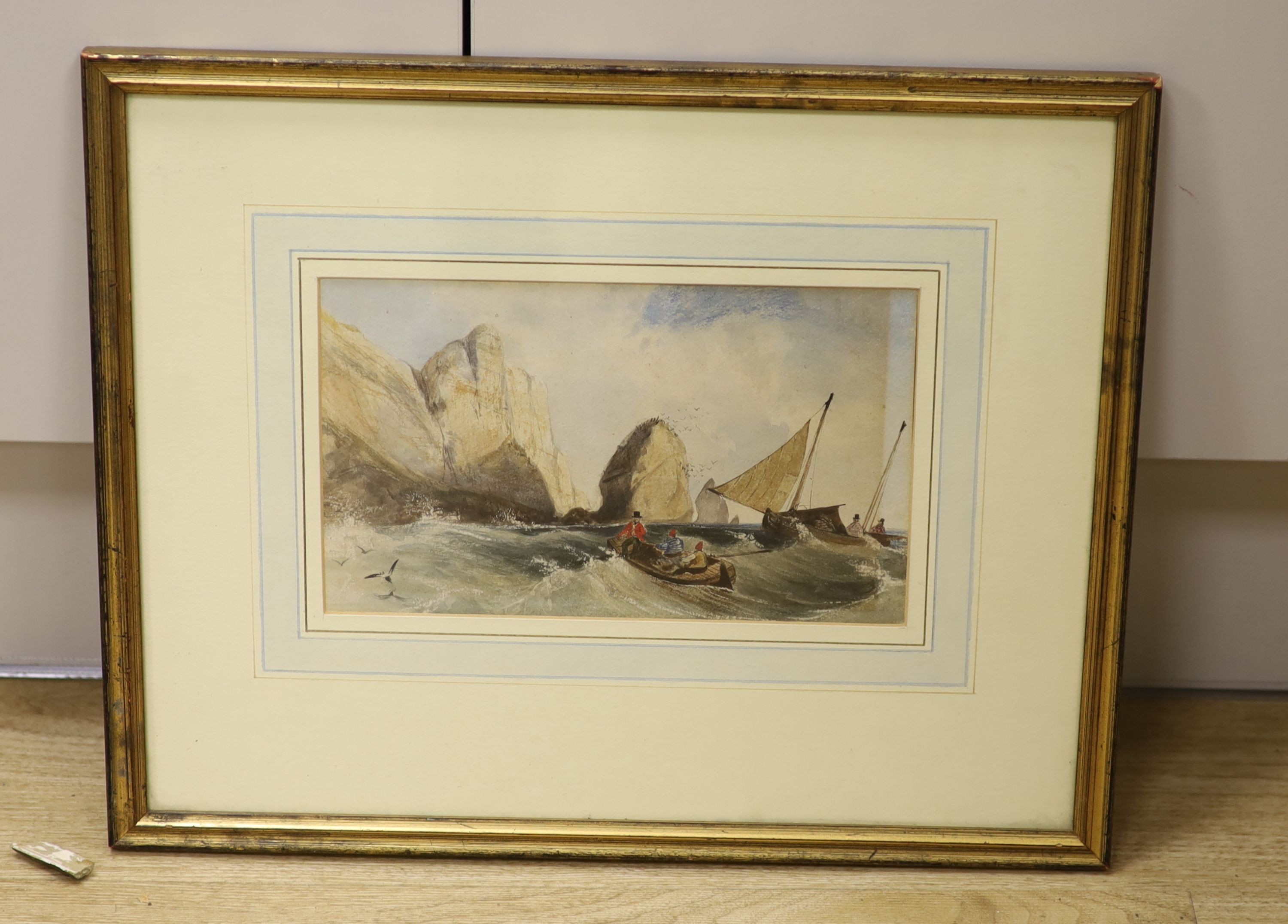 William Roxby Beverley (1811-1889), watercolour, Boats by the rocks, signed verso 14 x 23cm